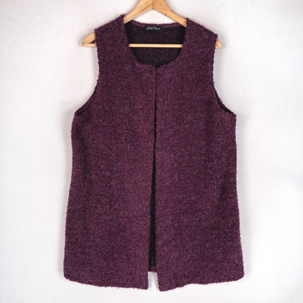 Slinky Brand Womens Vest Large Purple Boucle Knit Open Front Longline Layering